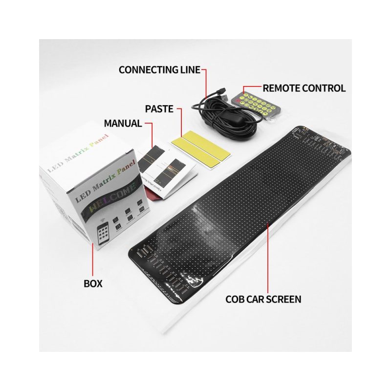 Gob Ultra Thin Rgb Car Rear Window Led Display Kit Accessories Source image identifying the connecting line, remote control, paste sheet, manual, box, and COB car screen.
