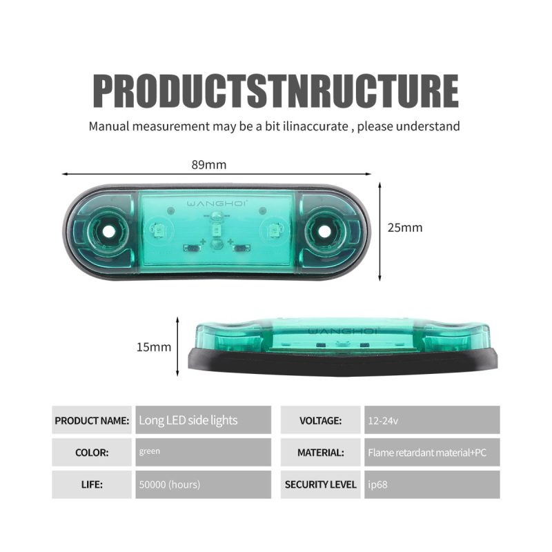 Green Long Led Truck Side Marker Light 12V 24V Ip68 05 Source Structure Specification Source structure image with voltage, material, IP68, lifetime, and dimension references.