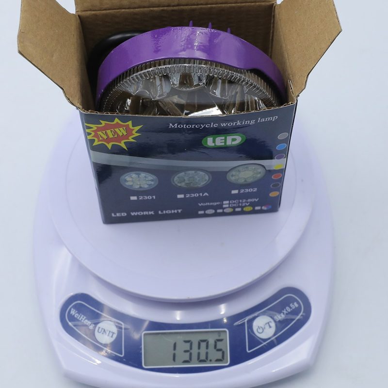 Hy 2301A Small Sun Motorcycle Led Work Light Package Weight Package and weight reference for distributor packing checks.