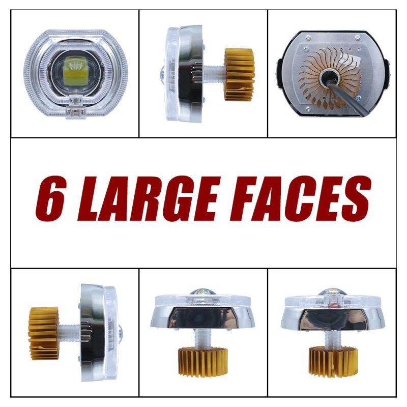 Led Devil Eye Lens Light Multi Angle Structure Source image showing front, side, rear, top, and bottom structure views.