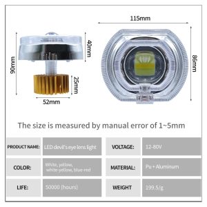 Led Devil Eye Lens Light Specifications Dimensions Source specification image showing 115mm width, 86mm height, 12-80V, PU + aluminum wording, 199.5g weight reference, and 50,000-hour life reference.
