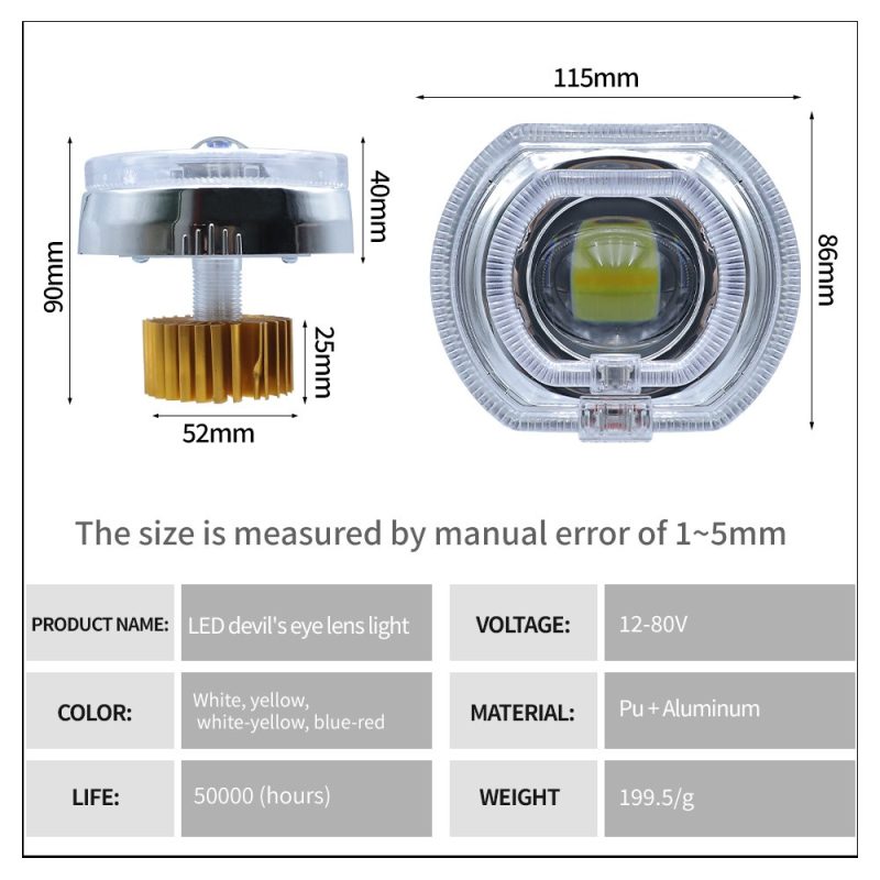 Led Devil Eye Lens Light Specifications Dimensions Source specification image showing 115mm width, 86mm height, 12-80V, PU + aluminum wording, 199.5g weight reference, and 50,000-hour life reference.