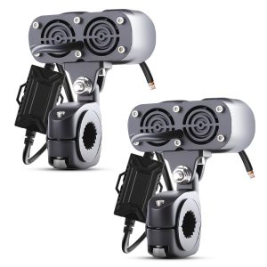 Rear view showing the dual rear cover, hardware, clamp, wiring, and external box.