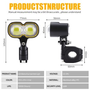 Source specification image showing 77mm width, 105mm height, 56mm depth, 12-24V, aluminum alloy + PC, IP68 wording, and 50,000-hour life reference.