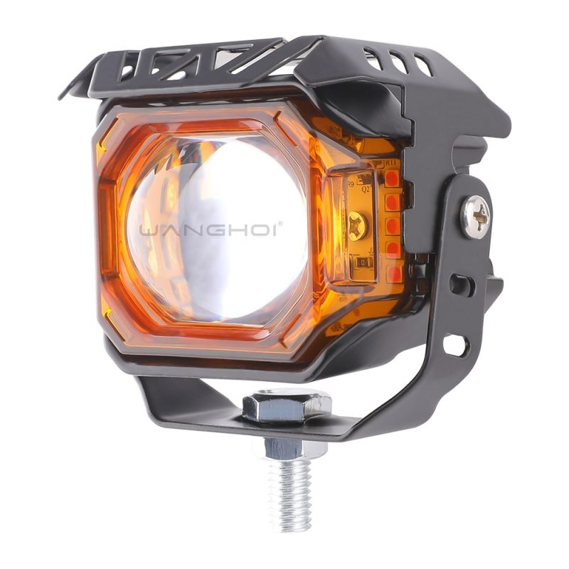 Led Lens Big Steel Cannon Spotlight Angled View Angled product view showing the orange lens frame, bracket, and side housing.
