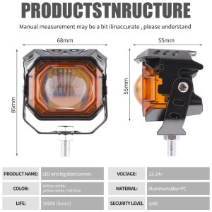 Led Lens Big Steel Cannon Spotlight Specifications Dimensions Source specification graphic showing 12-24V, yellow/white/yellow-white/red-blue references, aluminum alloy + PC, IP68 wording, 50,000-hour life refere