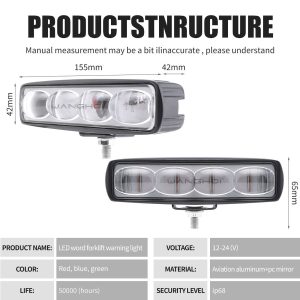 Specification image showing 155mm length, 12-24V input, red/blue/green color reference, and IP68 source rating.