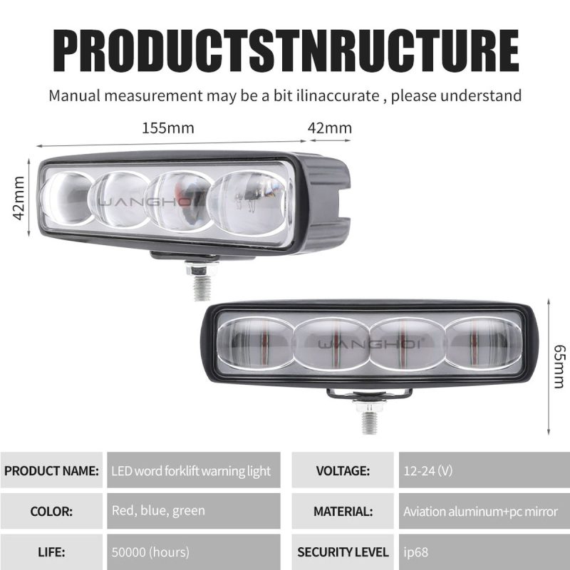 Specification image showing 155mm length, 12-24V input, red/blue/green color reference, and IP68 source rating.