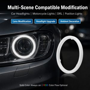Milky White Angel Eye Ring Diffuser Cover Application Scene Application reference for car headlights, motorcycle lights, DRL, and position-light modification.