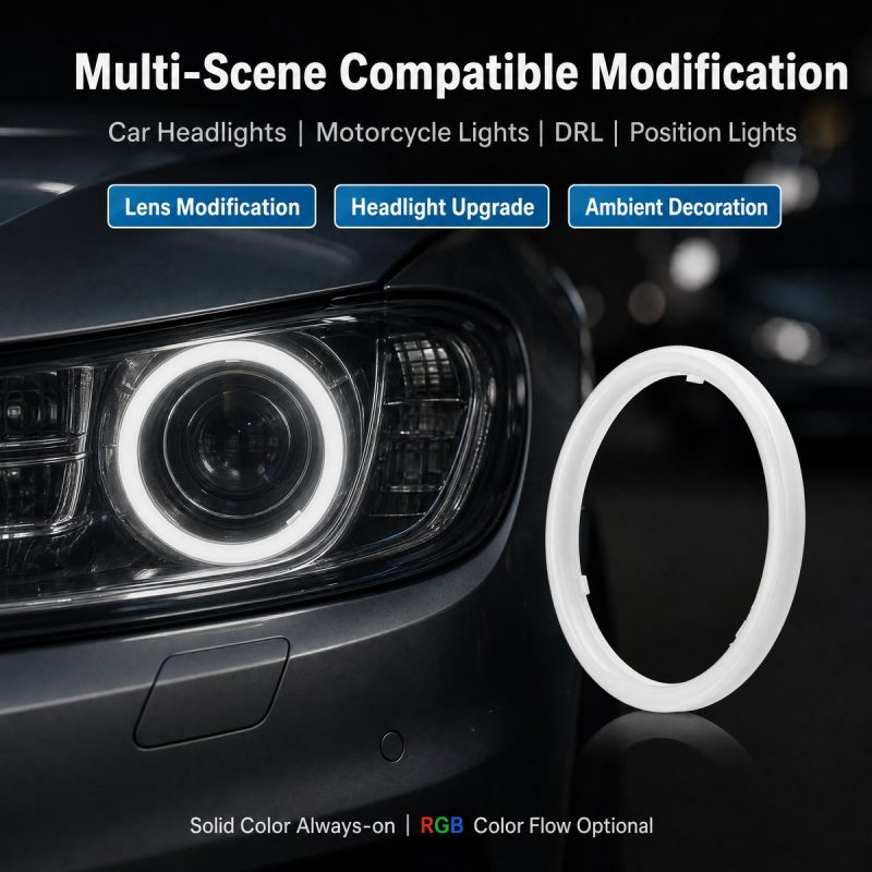 Milky White Angel Eye Ring Diffuser Cover Application Scene Application reference for car headlights, motorcycle lights, DRL, and position-light modification.