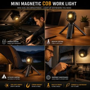 Mini Magnetic Cob Led Work Light Application Reference Application reference showing repair, desktop lighting, camping, and equipment maintenance use cases.