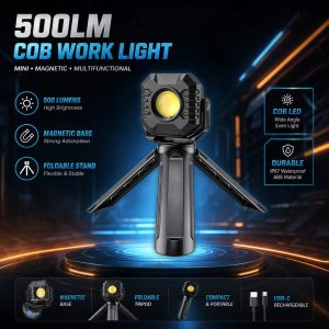 Mini Magnetic Cob Led Work Light Feature Overview English source graphic showing 500 lumens, COB LED, magnetic base, foldable tripod, and USB-C charging direction.