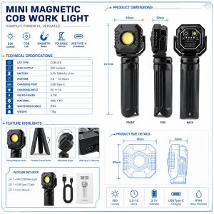 Mini Magnetic Cob Led Work Light Specification Sheet Source specification graphic showing 500 lumens, 3.7V 500mAh battery, 2.5-10h runtime, USB Type-C, 5V 1A input, 5.7W rated power, ABS plus PC, IPX4, a