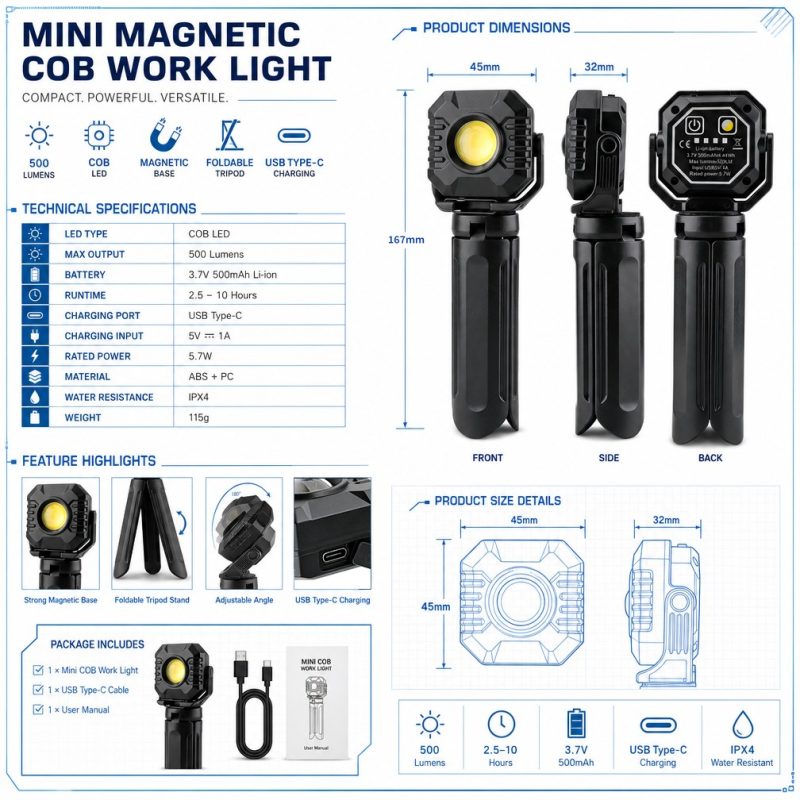 Mini Magnetic Cob Led Work Light Specification Sheet Source specification graphic showing 500 lumens, 3.7V 500mAh battery, 2.5-10h runtime, USB Type-C, 5V 1A input, 5.7W rated power, ABS plus PC, IPX4, a
