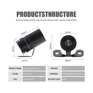 Motorcycle Angel Wing Projection Led Light Dimensions Specifications Source specification graphic showing 12V, dimensions, material, life, and IP68 references.