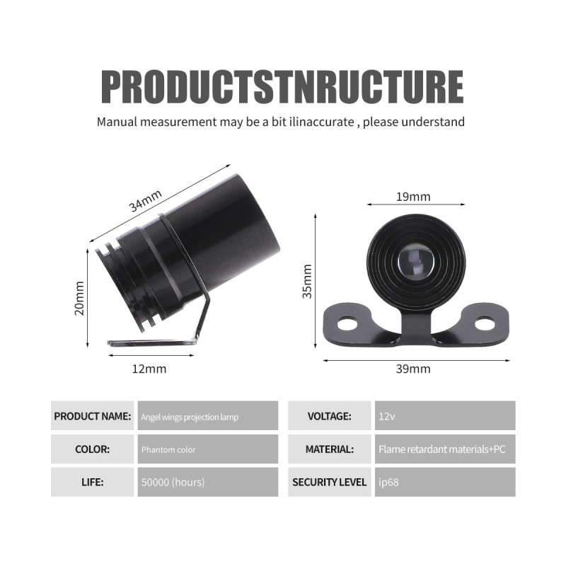 Motorcycle Angel Wing Projection Led Light Dimensions Specifications Source specification graphic showing 12V, dimensions, material, life, and IP68 references.