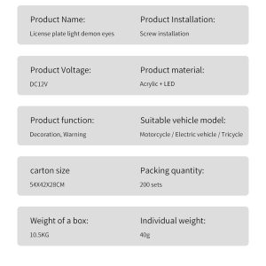 Motorcycle Devil Eye Led License Plate Light Parameters Source parameter graphic showing DC12V, screw installation, Acrylic + LED material, decoration/warning function, 200-set carton reference, and 40g uni