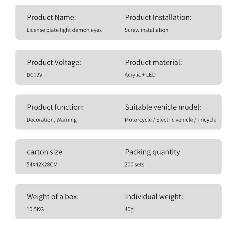 Motorcycle Devil Eye Led License Plate Light Parameters Source parameter graphic showing DC12V, screw installation, Acrylic + LED material, decoration/warning function, 200-set carton reference, and 40g uni