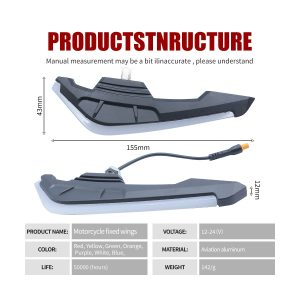 Motorcycle Fixed Wing Led Drl Dimensions Specifications Source specification graphic showing 155mm length, 43mm height, 12mm lens reference, 12-24V, aviation aluminum material, life, and weight references.