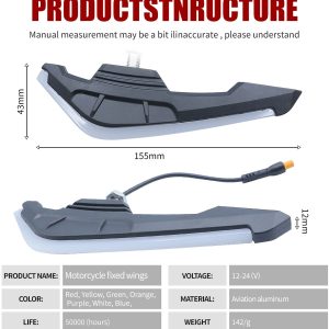 Motorcycle Fixed Wings Led Light Product Structure Specs Structure and specification graphic showing size, voltage, material, color, life, and weight references.