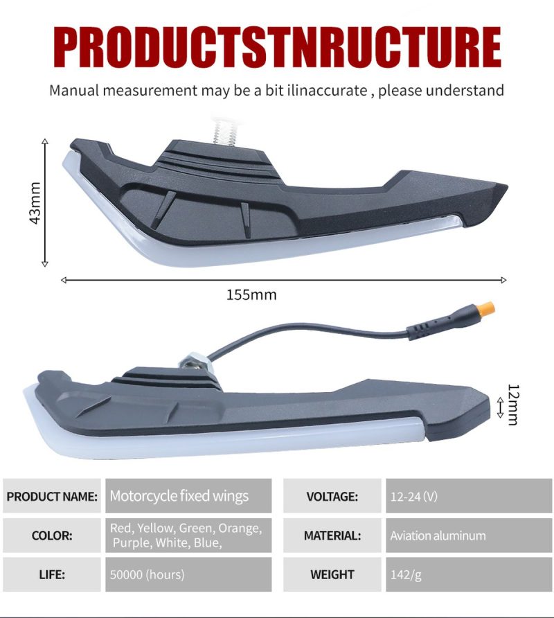 Motorcycle Fixed Wings Led Light Product Structure Specs Structure and specification graphic showing size, voltage, material, color, life, and weight references.