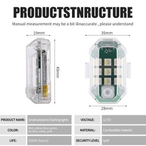 Ms 030 Mini Led Flashing Warning Light Dimensions Specs Source specification graphic showing 35mm width, 49mm height, 19mm side-depth reference, 28mm bottom-width reference, 12V wording, color references, l