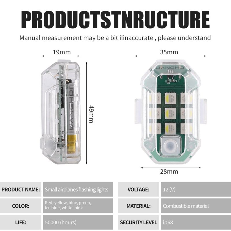 Ms 030 Mini Led Flashing Warning Light Dimensions Specs Source specification graphic showing 35mm width, 49mm height, 19mm side-depth reference, 28mm bottom-width reference, 12V wording, color references, l