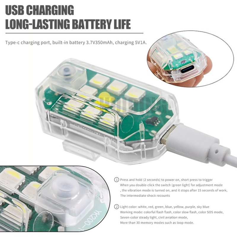 Ms 030 Mini Led Flashing Warning Light Usb Charging Modes Source charging and mode graphic showing Type-C port, 5V1A charging reference, 3.7V350mAh wording, color list, and mode references.