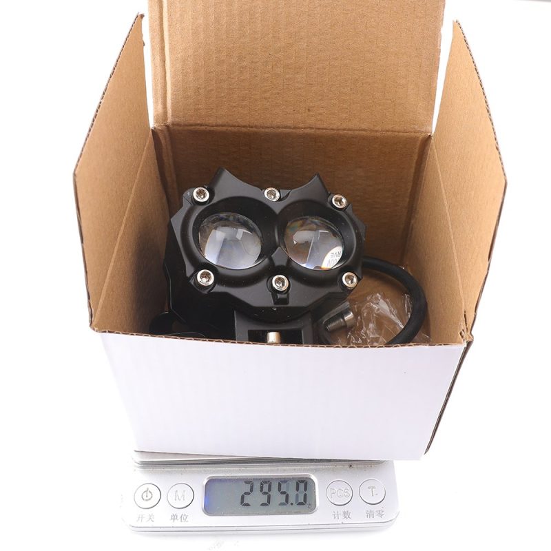 Owl Dual Bead Led Motorcycle Spotlight Packaging Weight Packaging and 295g weight reference shown in the supplied black housing source image.