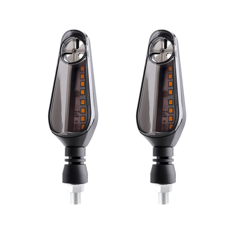 Pinwheel Arrow Smoke Lens Motorcycle Led Drl Turn Signal 02 Front Product Pair View Product-only front view showing the arrow lens shape.