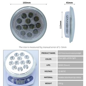 Prince Round Motorcycle Led Work Light Dimension Reference Dimension and specification reference from the supplied product graphics.