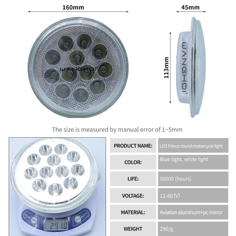 Prince Round Motorcycle Led Work Light Dimension Reference Dimension and specification reference from the supplied product graphics.