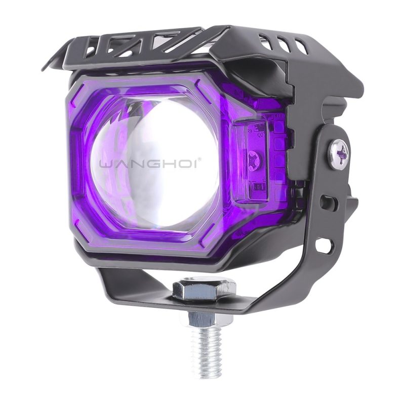 Angled product view showing the purple lens, front housing, and bracket.
