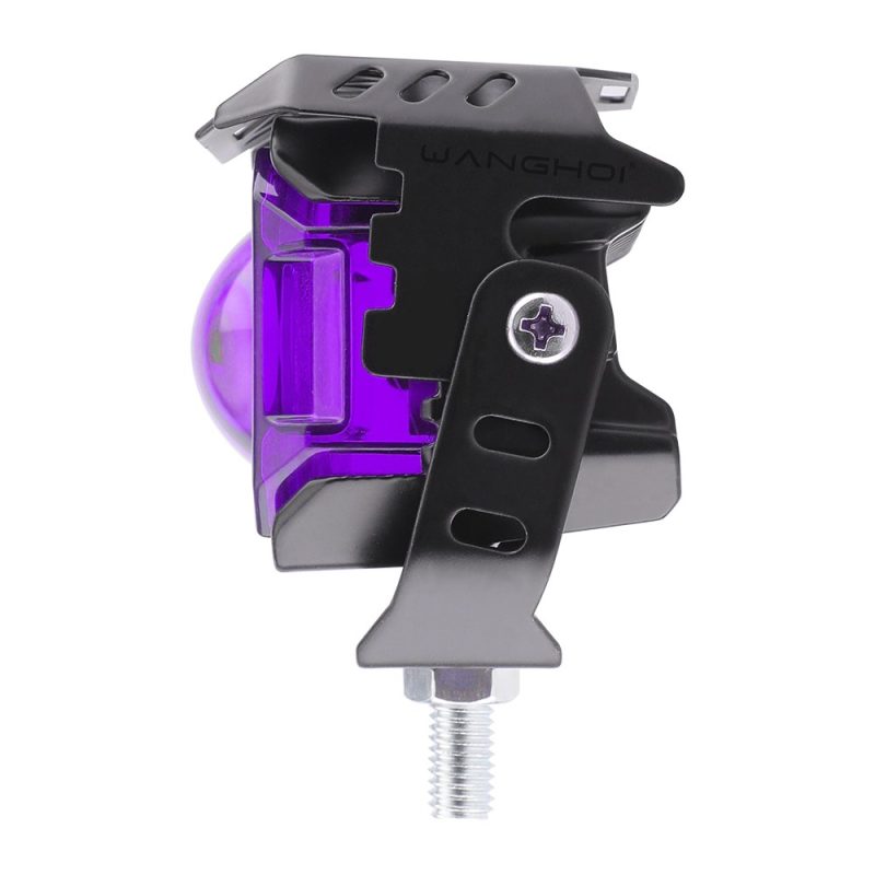 Side profile view showing the purple lens depth, bracket, and threaded mount.