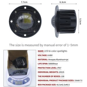 Round model source specification graphic with 7.7cm face reference, 8-80V voltage reference, and IP67 source rating.