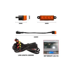 Rectangular Amber Led Grille Marker Light 56Mm Dimensions Source dimension graphic showing 56mm, 30mm, 18mm, 250mm, 2000mm line length, and 225.7g references.