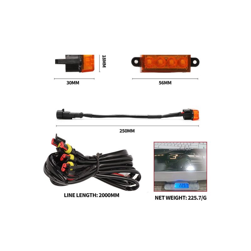 Rectangular Amber Led Grille Marker Light 56Mm Dimensions Source dimension graphic showing 56mm, 30mm, 18mm, 250mm, 2000mm line length, and 225.7g references.
