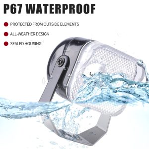 Source graphic showing IP67 waterproof wording, sealed housing, and all-weather design wording.