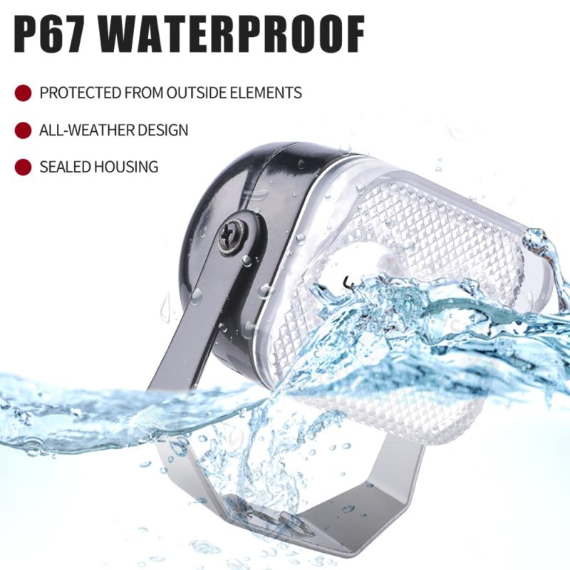 Source graphic showing IP67 waterproof wording, sealed housing, and all-weather design wording.