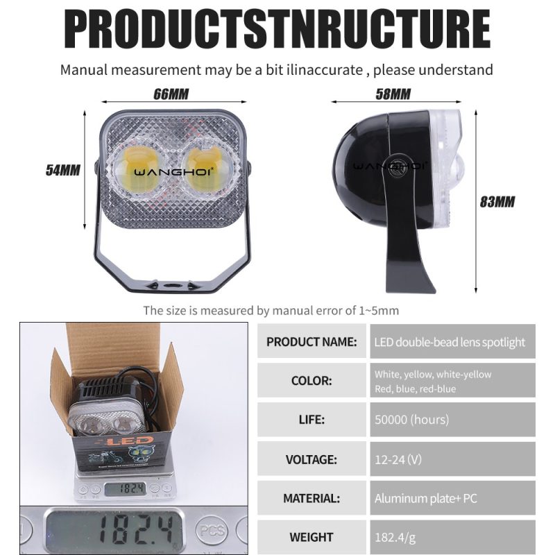 Source specification graphic showing 12-24V voltage, aluminum plate + PC, 50,000-hour life wording, size references, and 182.4g weight reference.