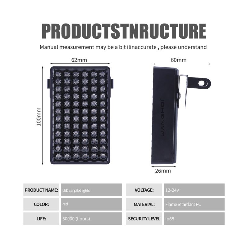 Source specification graphic showing 12-24V voltage, red color, flame-retardant PC material, IP68 source wording, 50,000-hour life reference, and dime