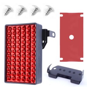 Mounting-kit reference showing bracket plate, screws, and red lens face.
