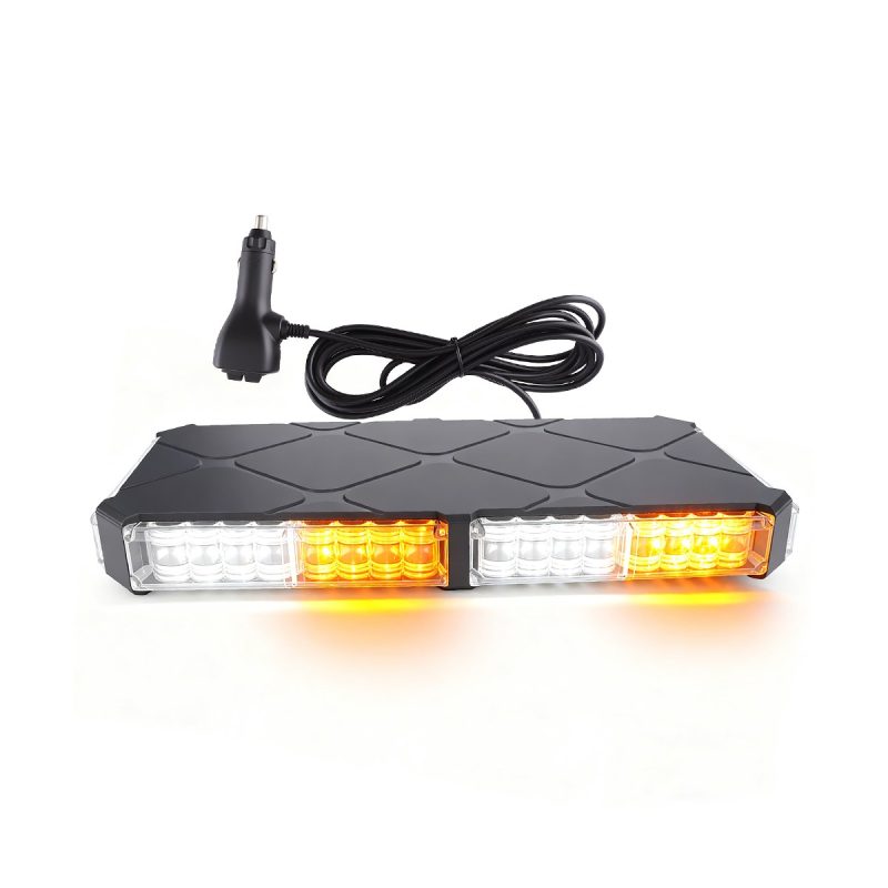 Lit front view of rectangular white amber LED truck warning light