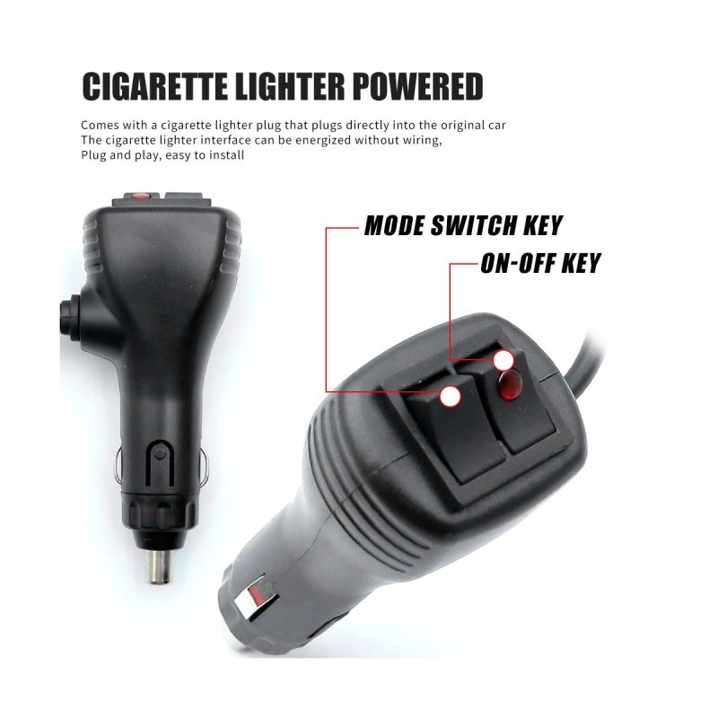 Cigarette lighter plug reference showing mode and on-off switch keys.
