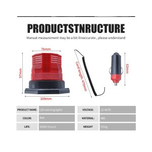 Red Magnetic Led Roof Warning Light Structure Specs Source structure graphic showing 12-48V, ABS, 76mm lens width, 97mm height, 109mm base width, 470mm cord length, and 333g references.