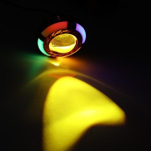Red Round Single Eye Angel Eye Headlight Yellow Beam Effect Yellow beam-effect reference from the supplied image set.