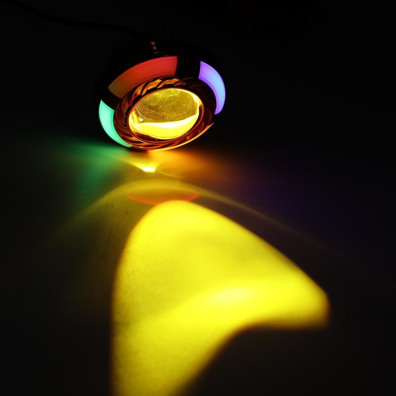 Red Round Single Eye Angel Eye Headlight Yellow Beam Effect Yellow beam-effect reference from the supplied image set.