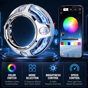 Rgb Bluetooth Led Angel Eye Projector Shroud App Control 12 Effects English app-control graphic showing color switch, mode selection, brightness control, speed control, and 12 dynamic effects.
