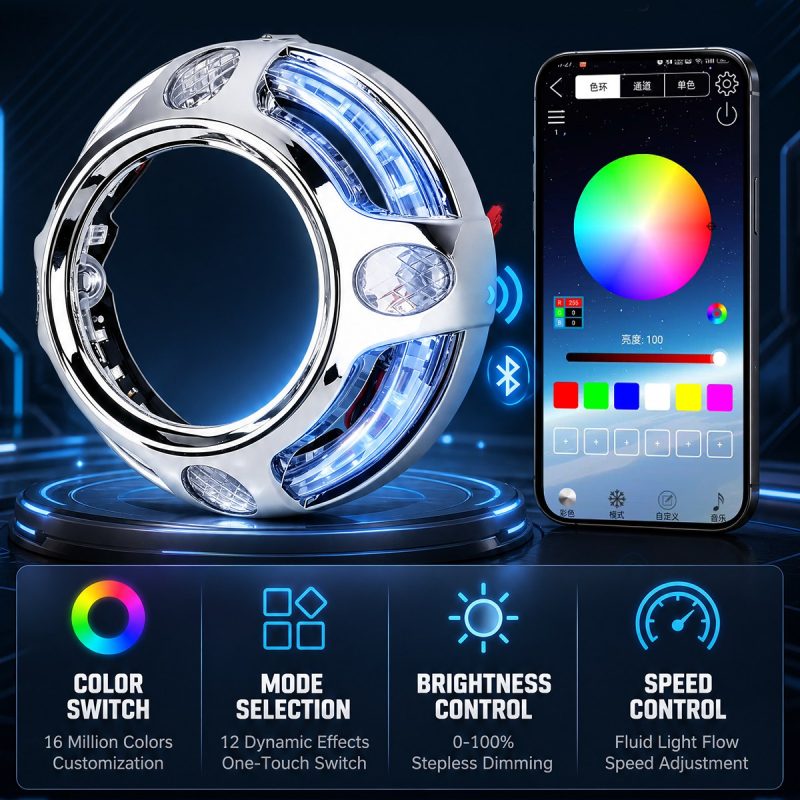 Rgb Bluetooth Led Angel Eye Projector Shroud App Control 12 Effects English app-control graphic showing color switch, mode selection, brightness control, speed control, and 12 dynamic effects.
