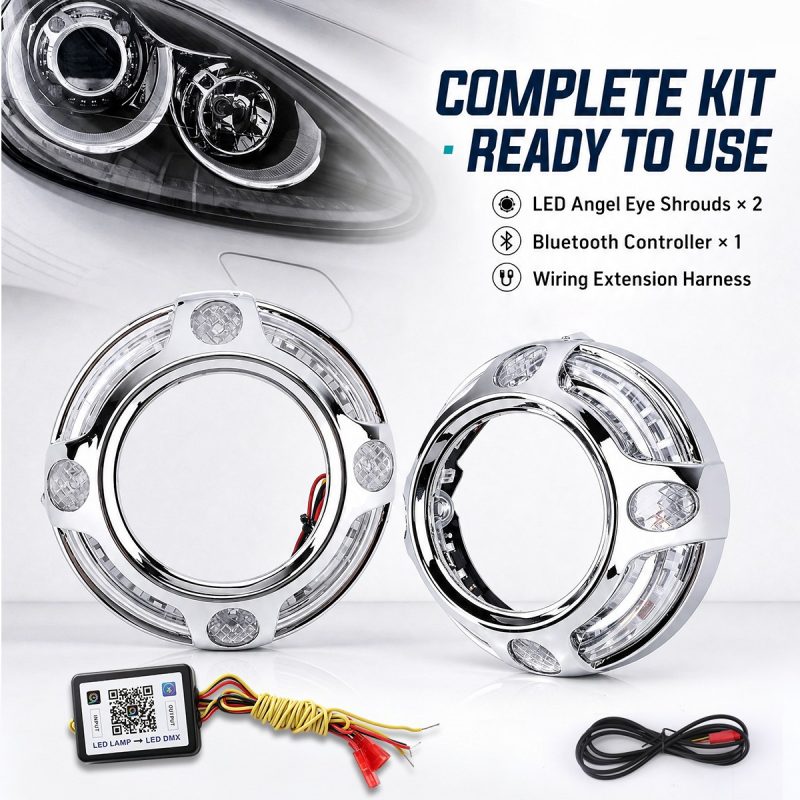 Rgb Bluetooth Led Angel Eye Projector Shroud Complete Kit Controller Harness English kit-content image showing two angel eye shrouds, Bluetooth controller, and wiring extension harness.